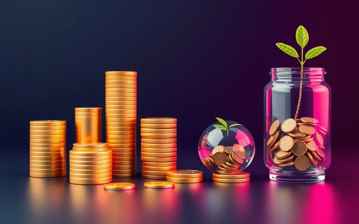 Monedas doradas apiladas, frasco con planta y esfera sobre fondo oscuro iluminado con luz rosa.