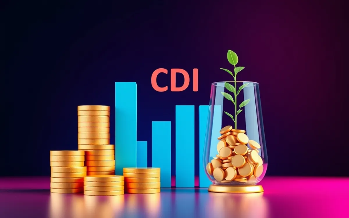 Moedas douradas, gráfico azul e planta crescendo sobre fundo roxo com texto CDI.