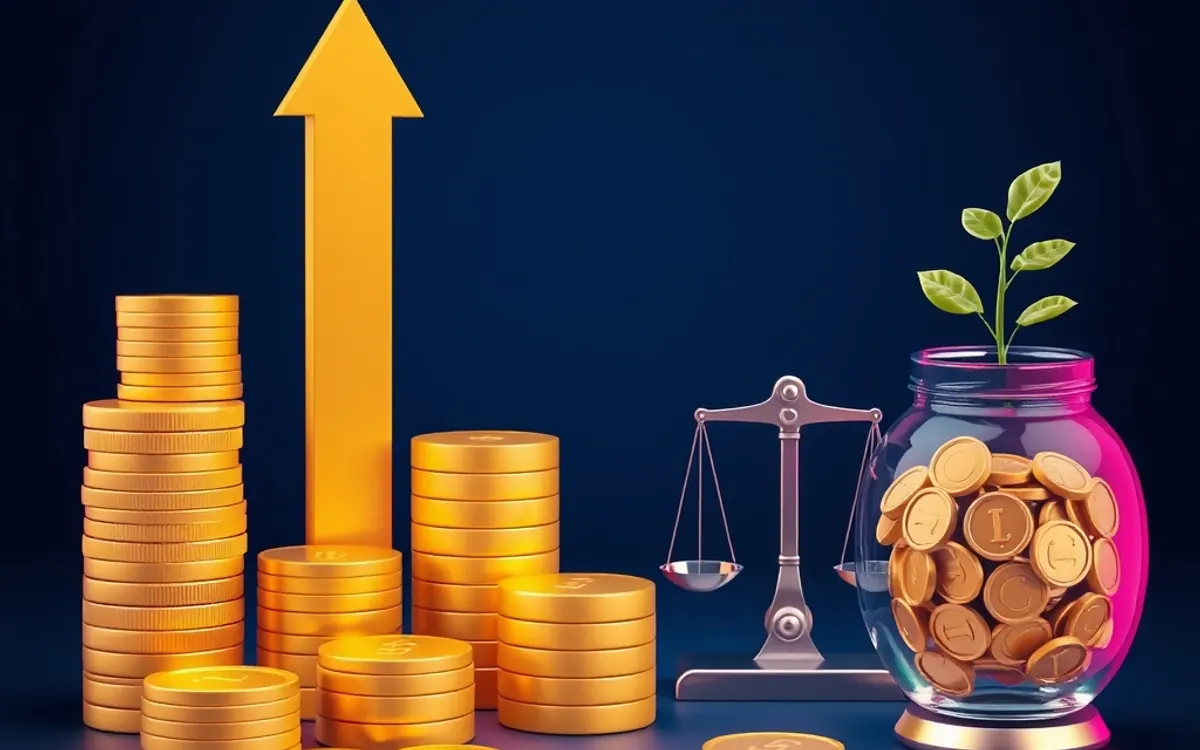 Monedas doradas, flecha ascendente, balanza y planta en frasco sobre fondo azul.
