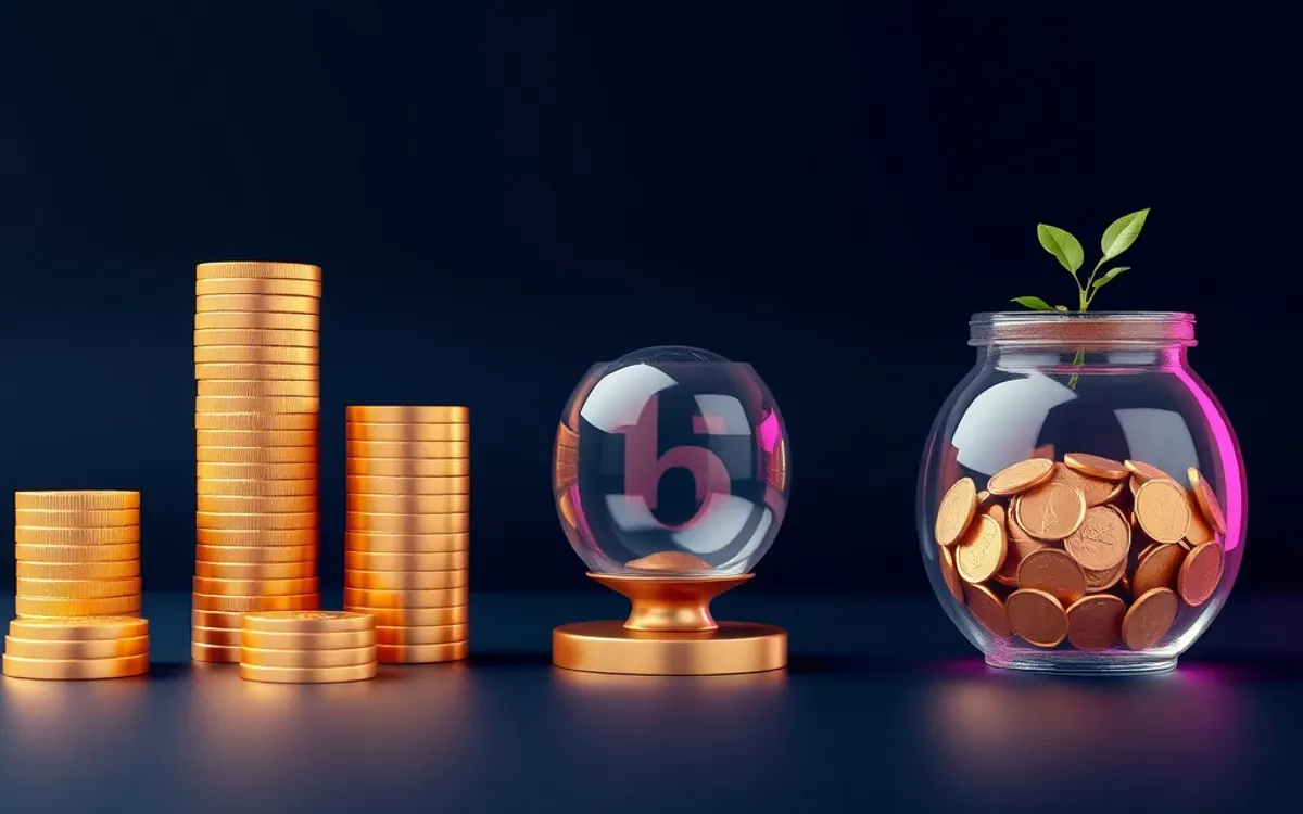 Gold coins, Bitcoin orb, and money jar with plant on dark background.