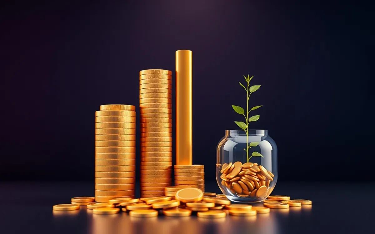Monedas doradas apiladas y frasco con planta sobre fondo oscuro.