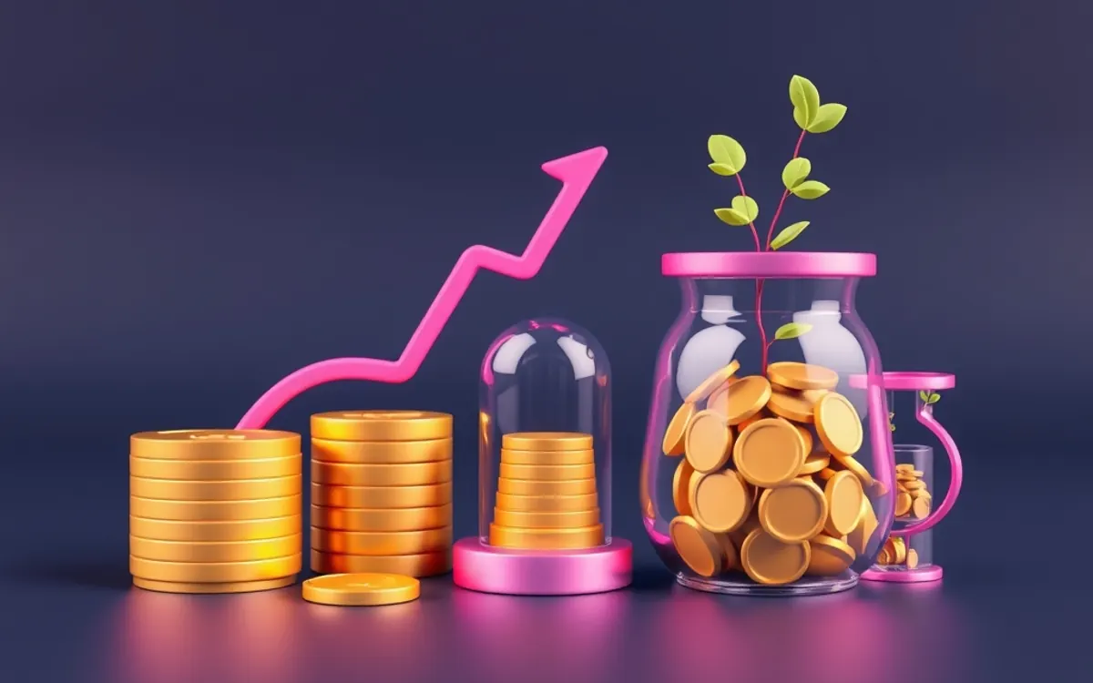 Gold coins and pink growth arrow on dark blue background