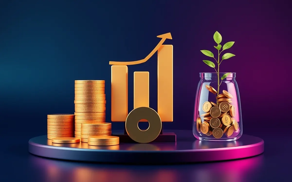 Um gráfico de crescimento de rendimentos, um vaso com moedas e uma planta em crescimento.