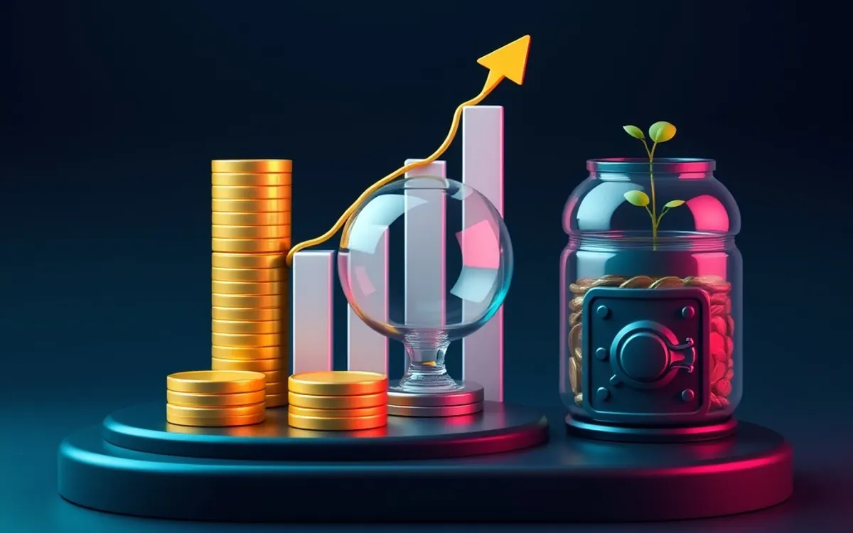Monedas doradas, gráfico de barras con flecha ascendente y planta creciendo en un frasco.