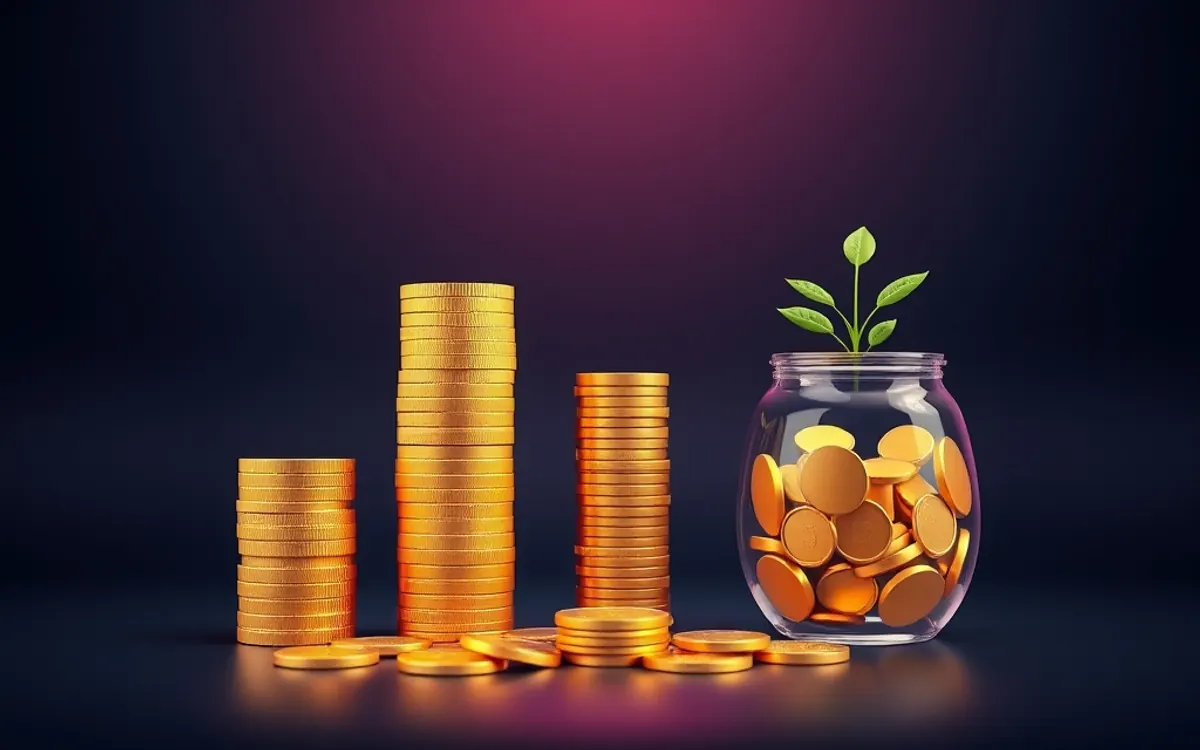Gold coin stacks and jar with plant on dark surface.