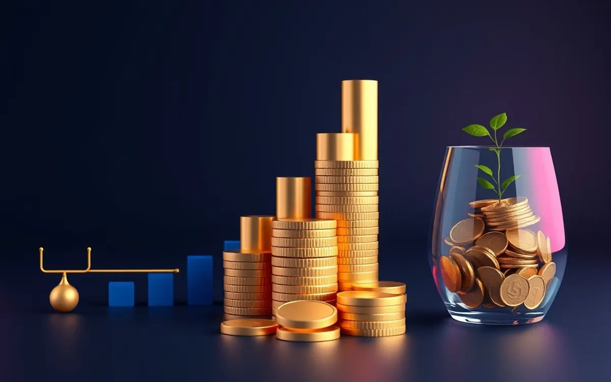 Moedas douradas empilhadas, balança e planta em vaso sobre fundo azul escuro.