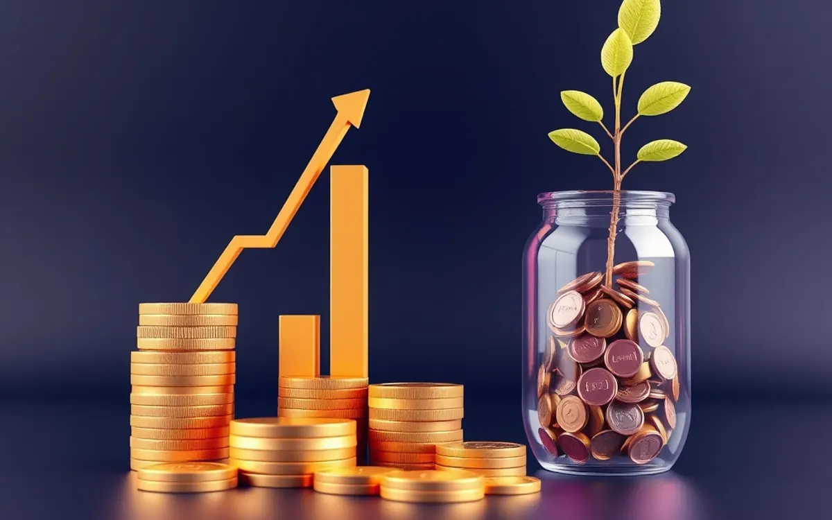 Gold coins, rising arrow, and plant in jar on dark blue background.