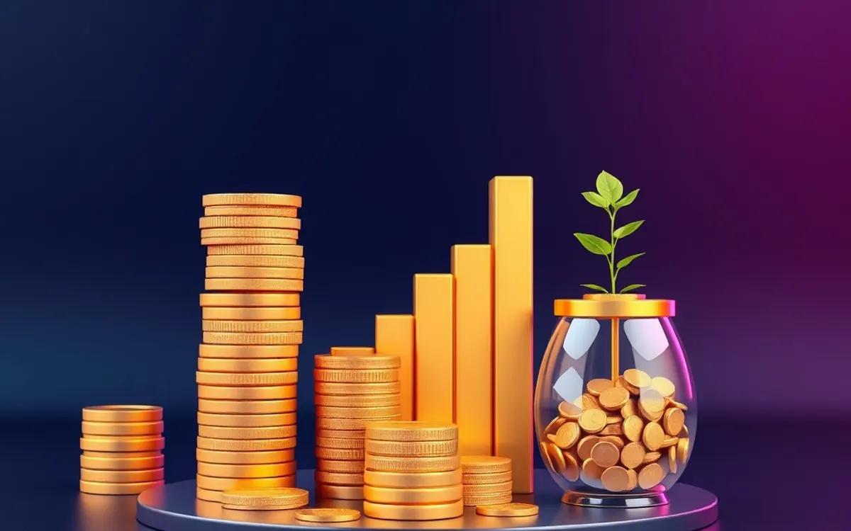 Moedas douradas, barras e vaso com planta sobre fundo roxo.
