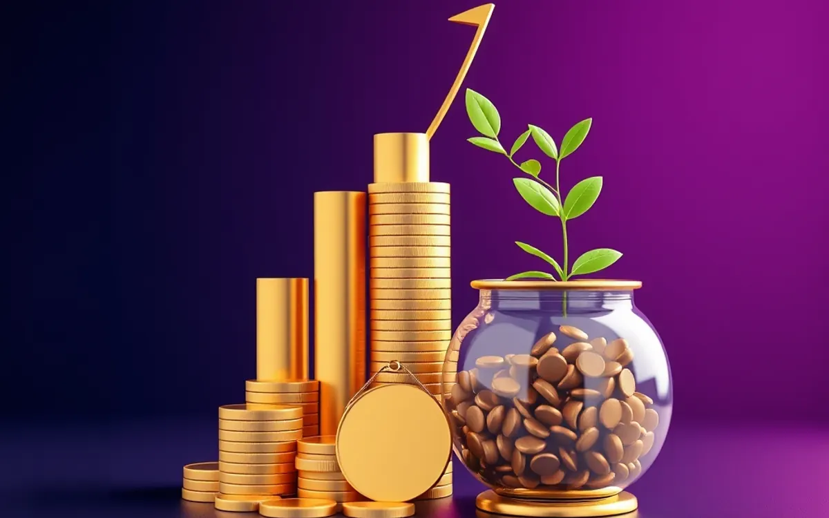 Monedas doradas apiladas, hucha con planta y flecha de crecimiento sobre fondo púrpura.