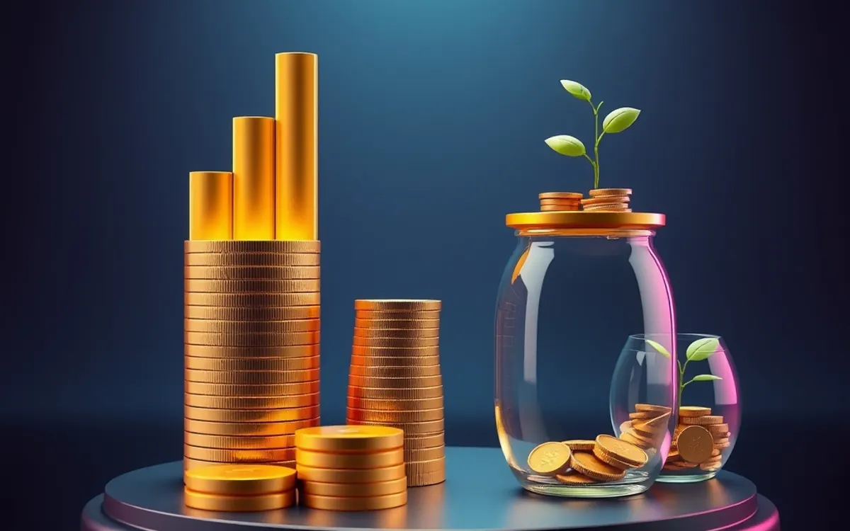 Stacks of gold coins and glass jars with sprouting plants on blue background.