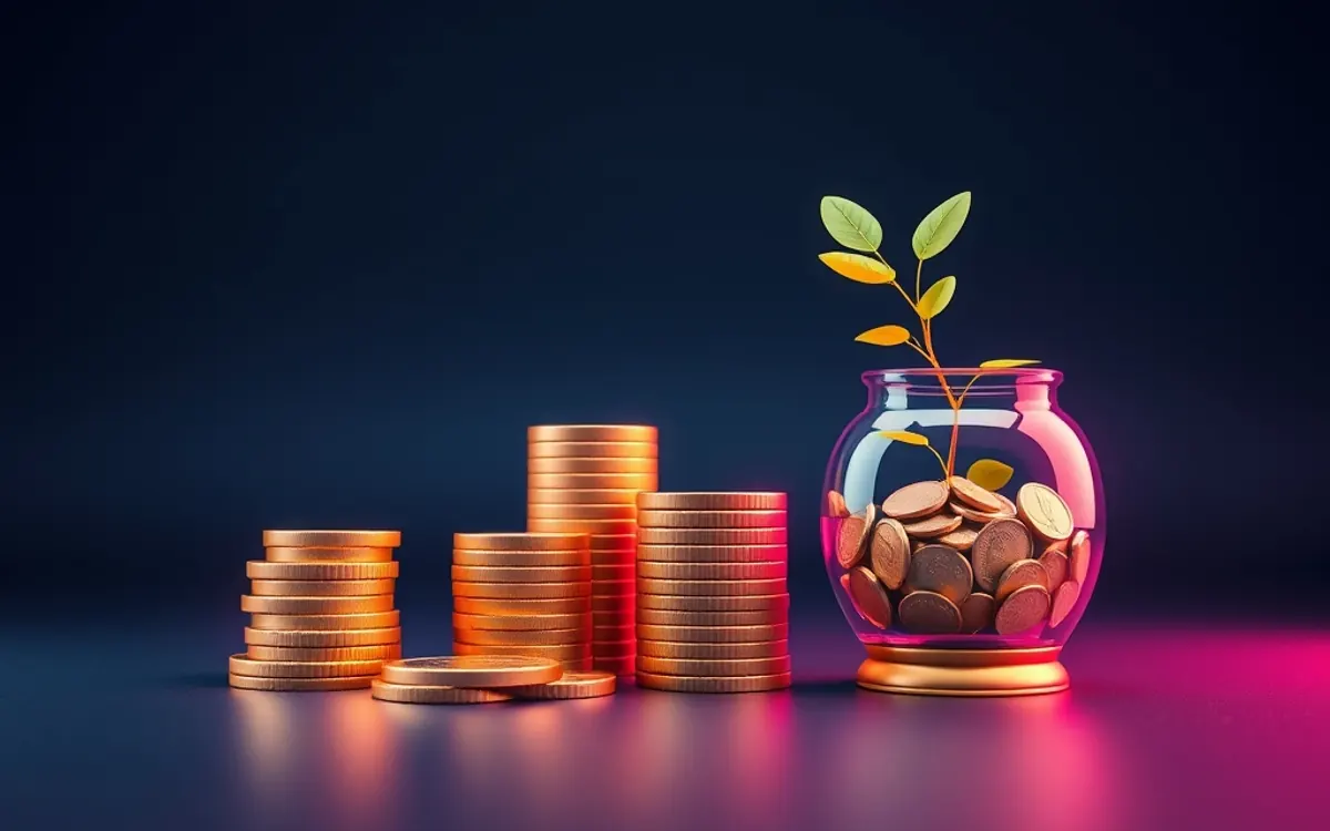 Pilhas de moedas douradas e vaso com planta sobre fundo escuro.
