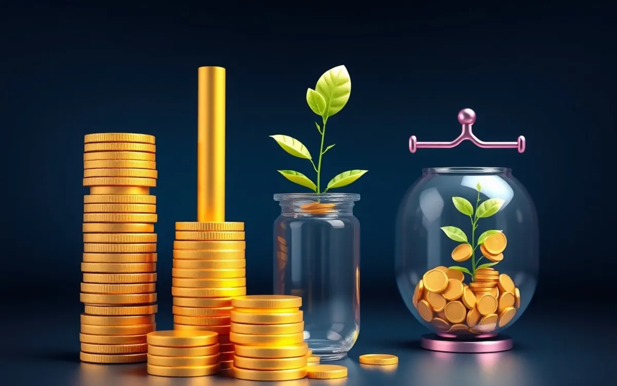 Gold coins stacked in columns with green plants growing from glass jars.