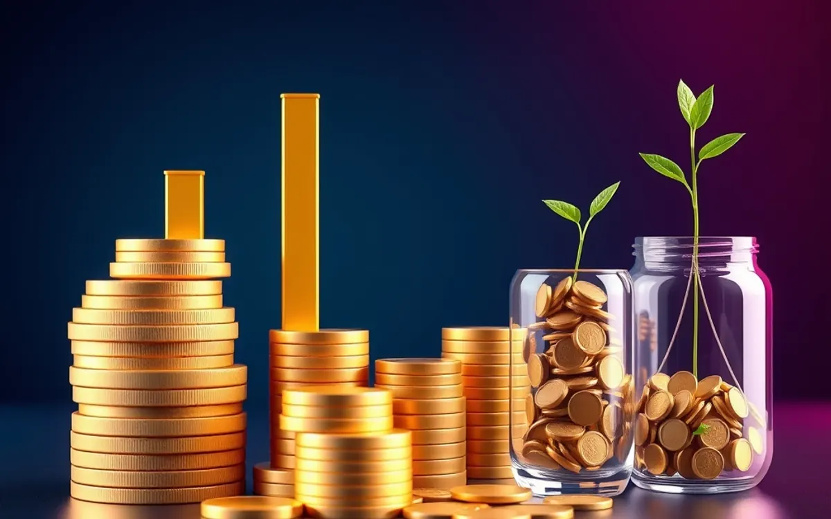 Stacks of gold coins and glass jars with growing plants on dark background