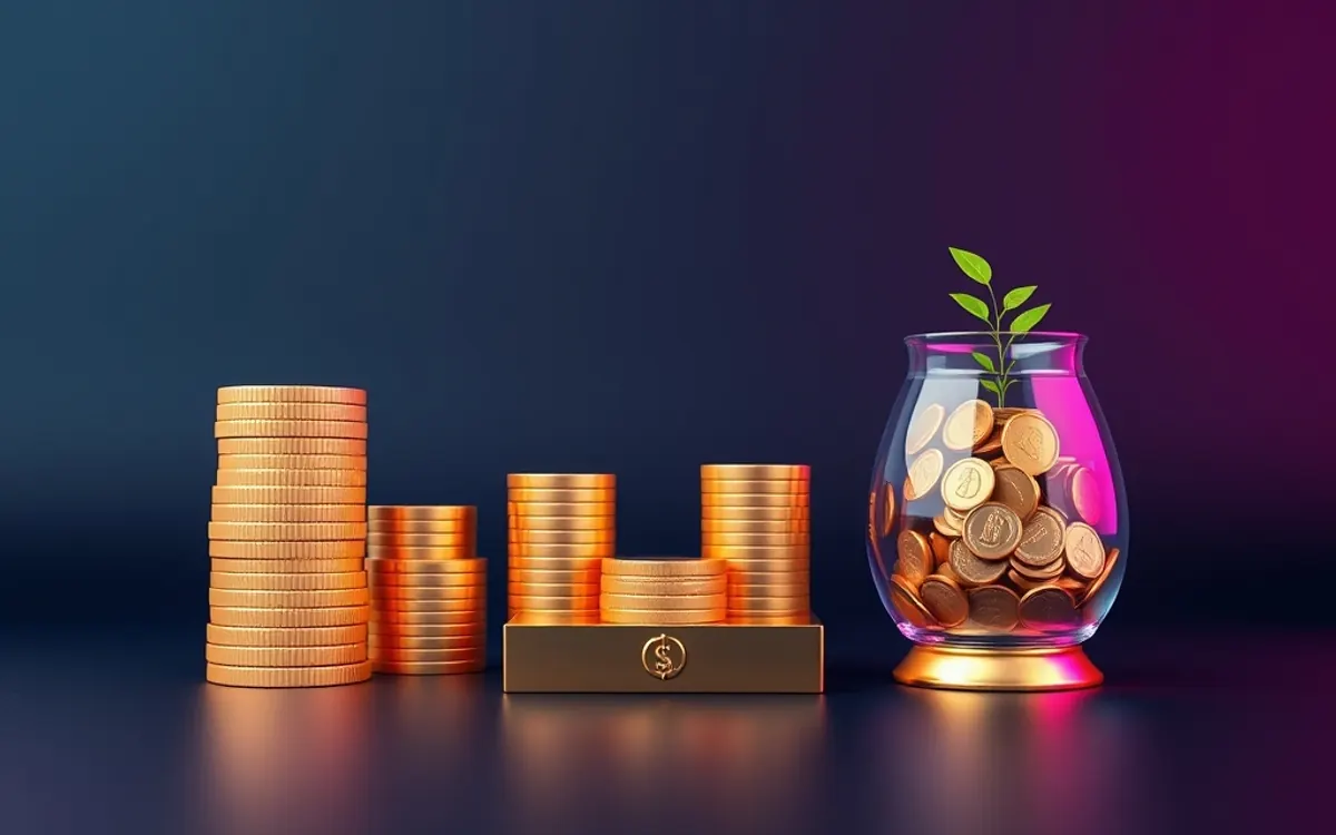 Moedas douradas empilhadas e vaso de vidro com planta verde sobre fundo escuro.