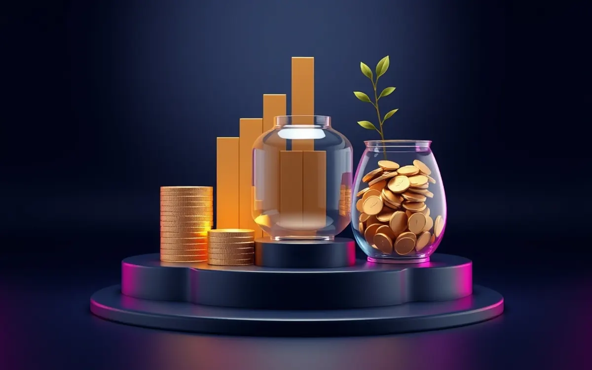 Gold coins and a plant in glass jars on a dark podium with orange bars.