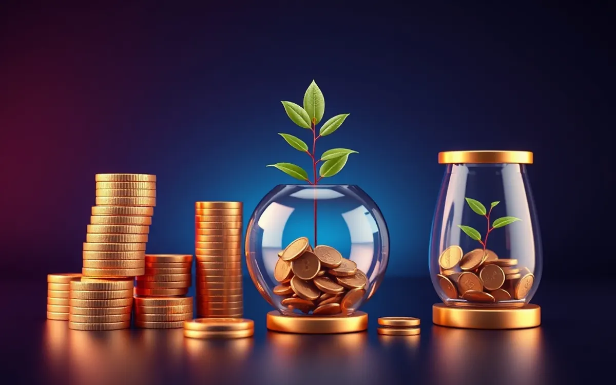 Gold coins and glass jars with green plants on a dark blue background