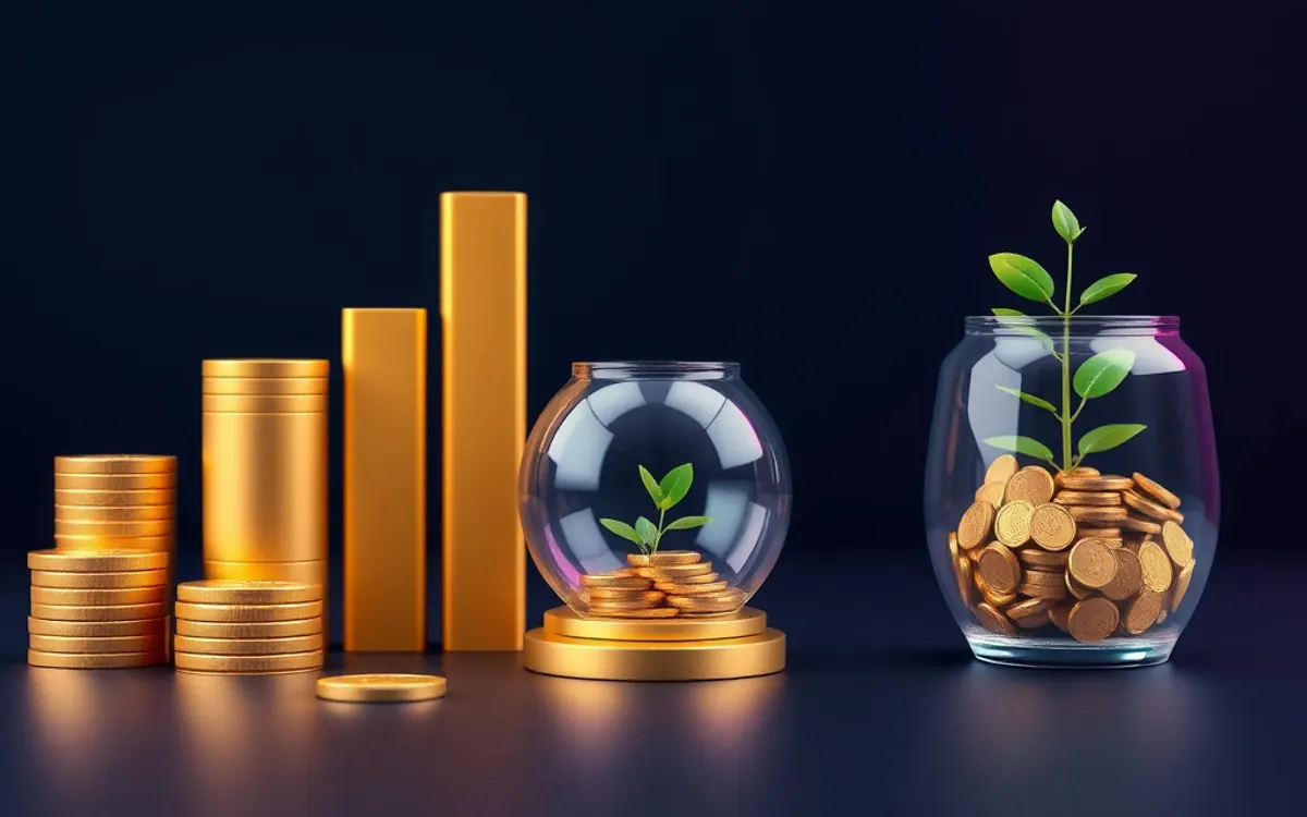 Gold coins, bars, and jars with green plants on dark background