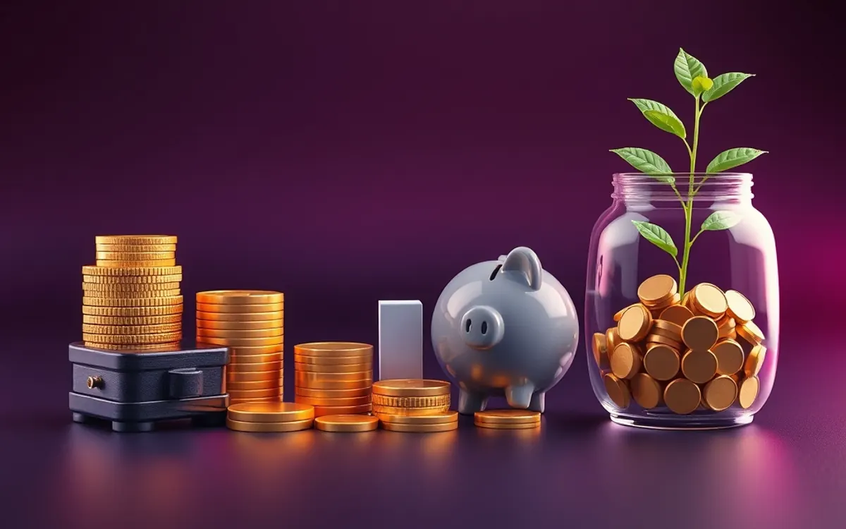 Moedas douradas, cofre, porquinho e planta em pote sobre fundo roxo.