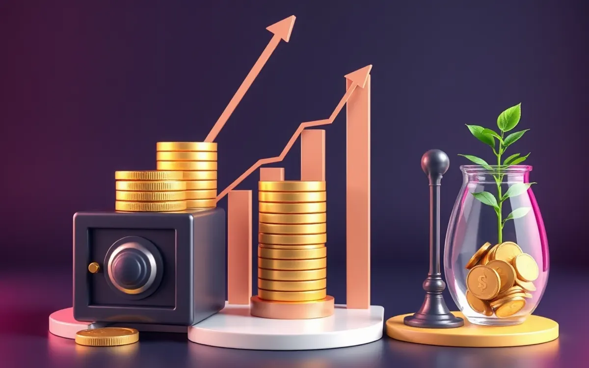 A bar graph with gold coins, a safe, and a plant in a glass jar.