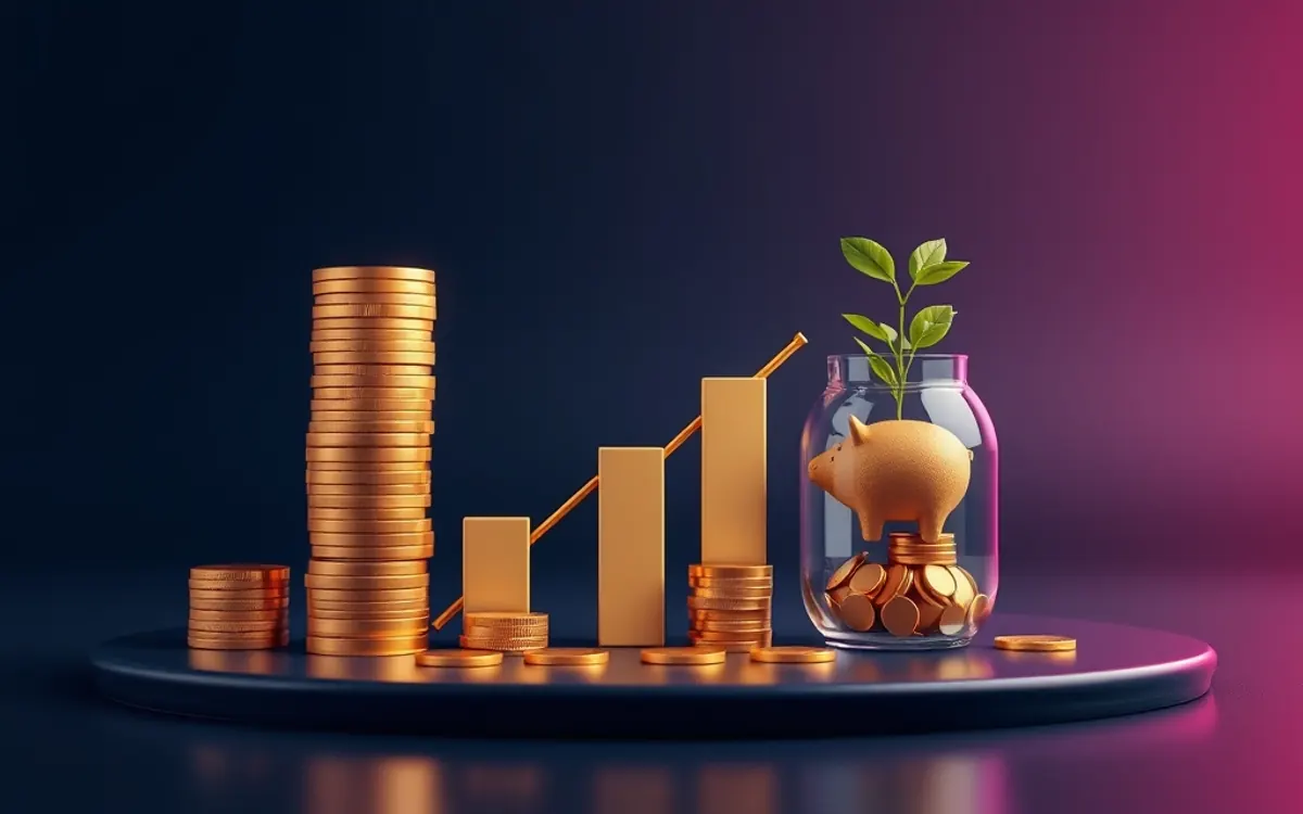 Monedas doradas, gráfico de barras ascendente y hucha en frasco con planta verde.