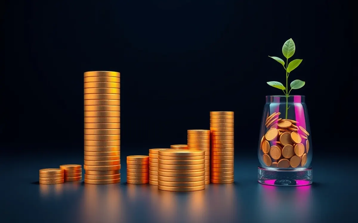Moedas douradas empilhadas e planta crescendo em vaso com moedas, fundo escuro.