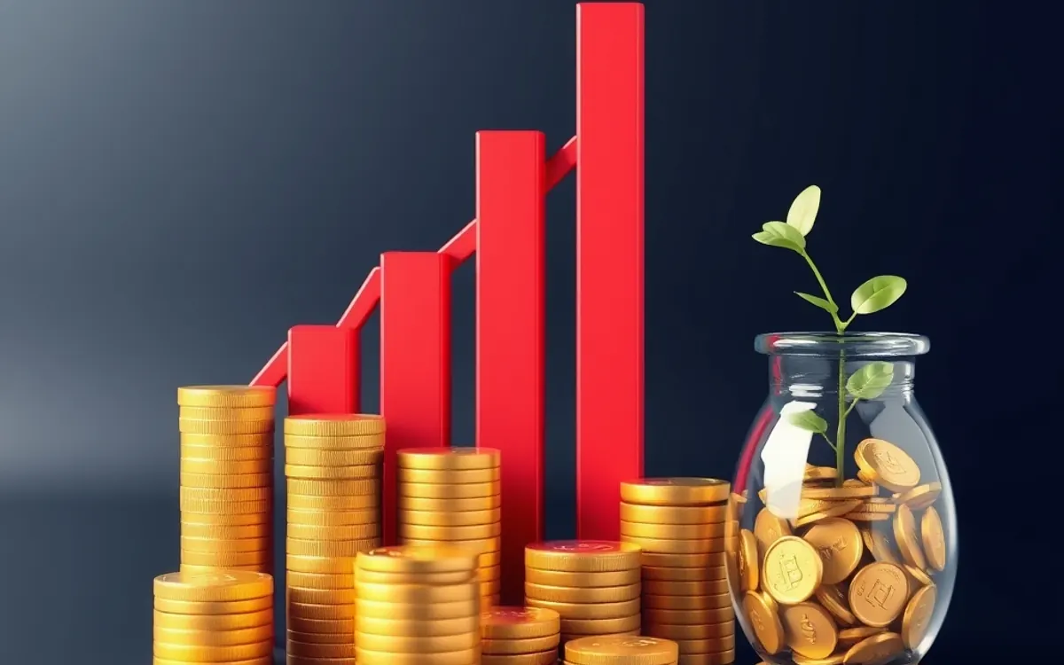 Gold coins, red bar chart, and glass jar with plant on dark background.