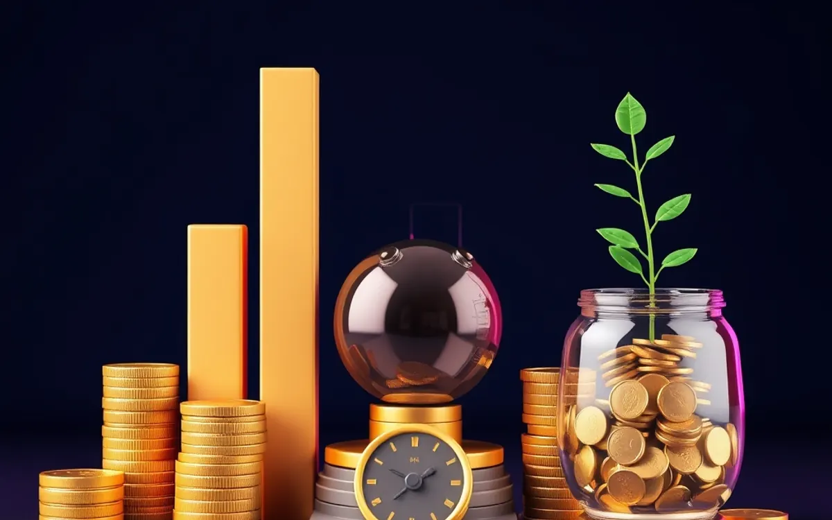 Una imagen de un reloj, monedas, una planta y otros objetos de ahorro en un fondo oscuro.