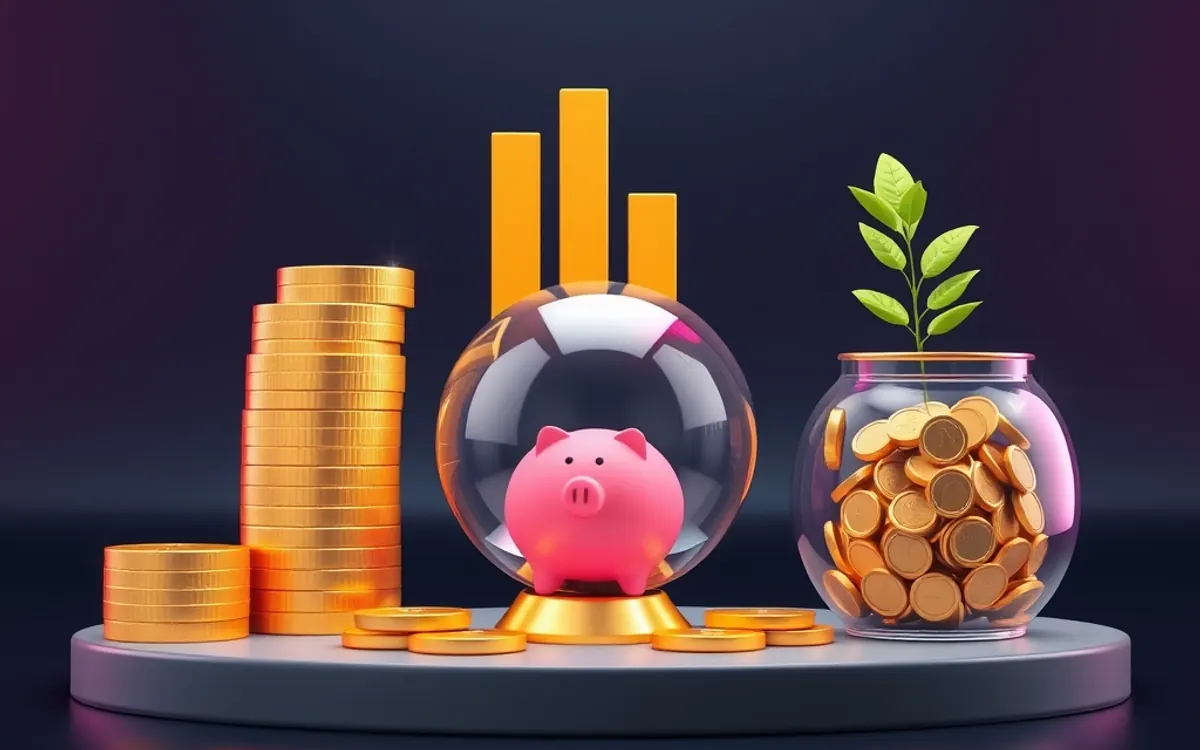 Pink piggy bank in glass sphere, gold coins, plant, and yellow bars on dark background.