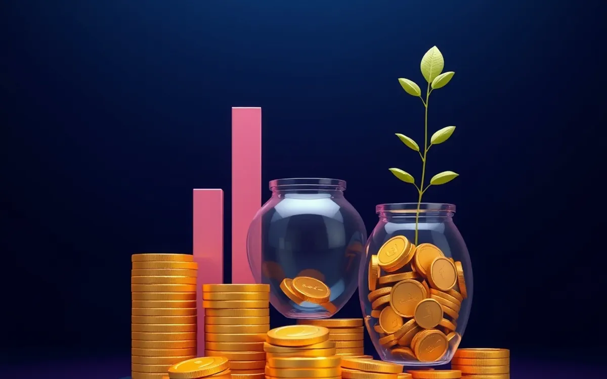 Um gráfico de barras, uma jarra de moedas, uma jarra de plantas e moedas de ouro.