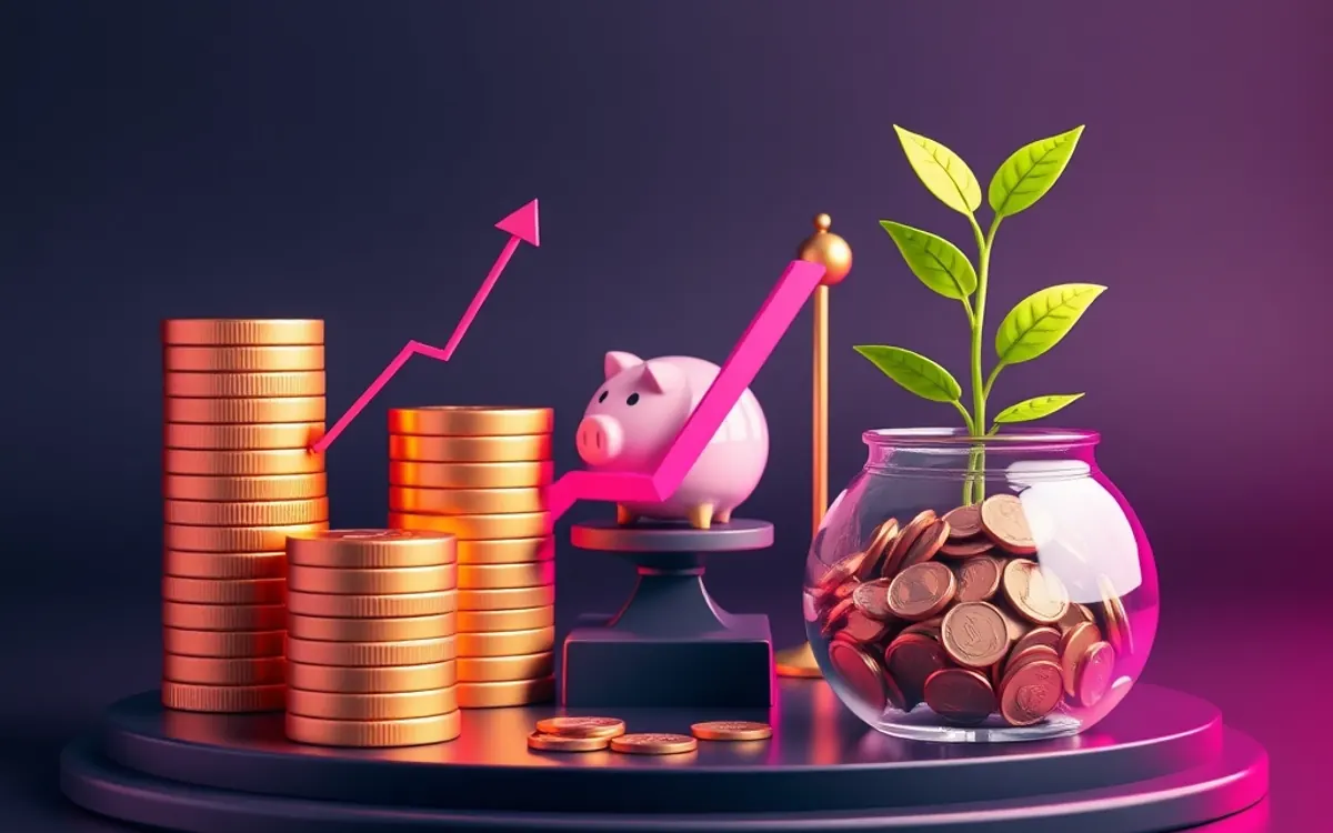 Um cenário de finanças pessoais com moedas, um porco, uma planta e gráficos em tons de rosa e azul.