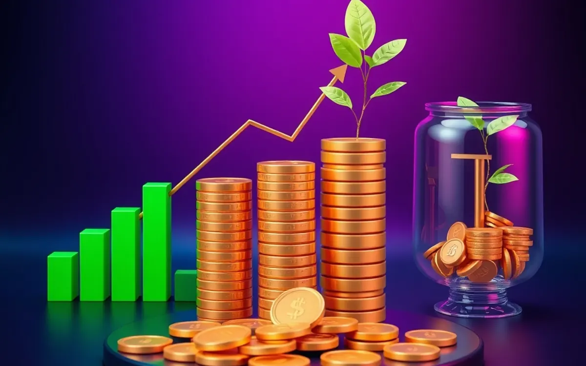 Stacks of gold coins, green bar chart, upward arrow, and plant on purple background.