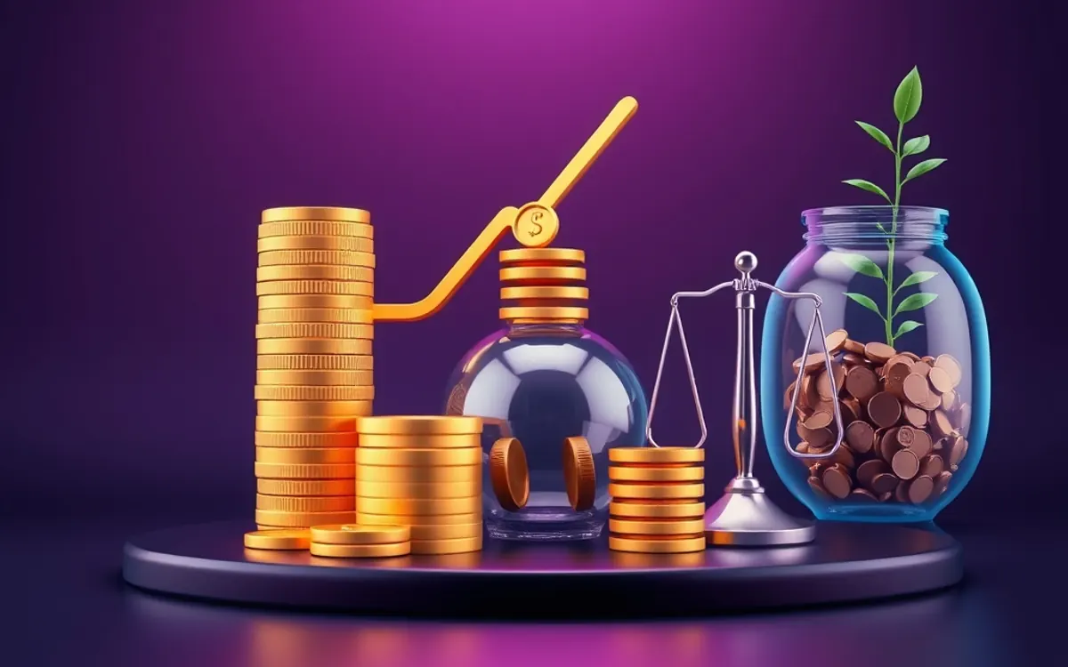 Um artigo de finanças pessoais intitulado "whale" com objetos de metal e vidro, cores escuras e um fundo branco.