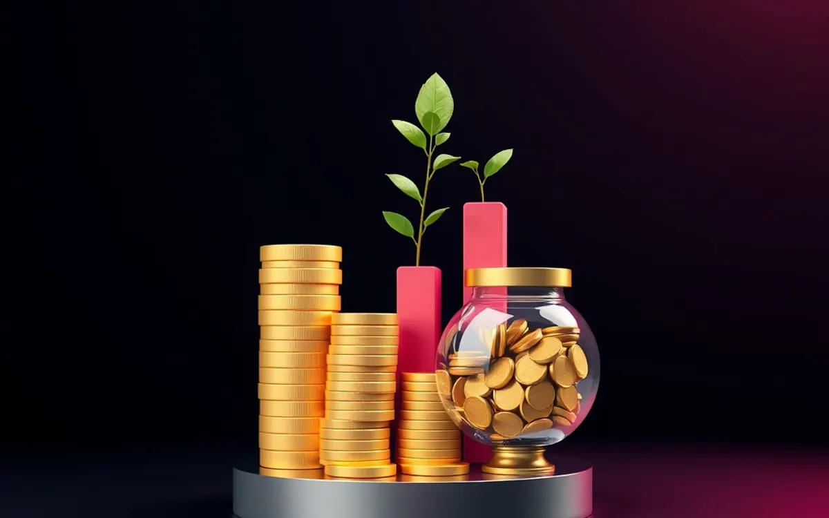 Um arranjo de moedas de ouro e uma planta em um vaso transparente.