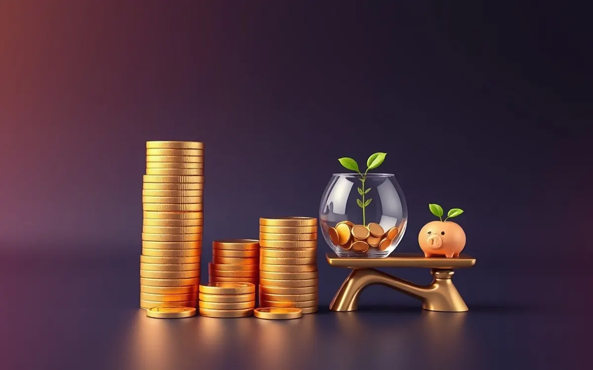 Moedas douradas empilhadas, planta em vaso e cofrinho sobre balança, fundo escuro.
