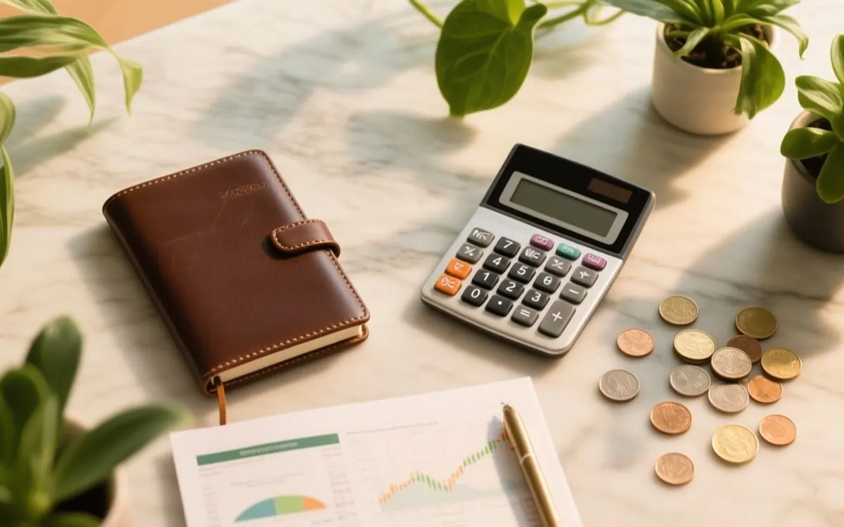 Imagem de uma mesa de escritório com um caderno, calculadora, moedas, plantas e gráficos financeiros.