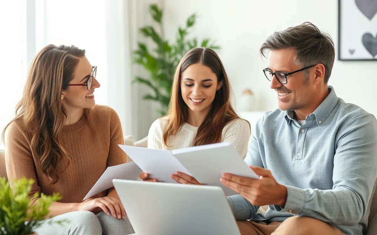 Três pessoas, um homem e duas mulheres, sentadas em um sofá, olhando para folhas de papel.