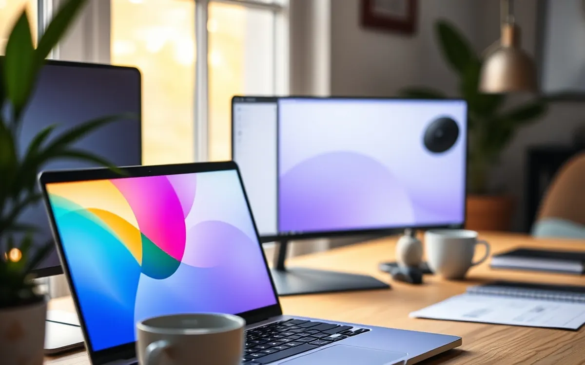 Notebook, monitores, xícaras de café e caderno sobre mesa de madeira.