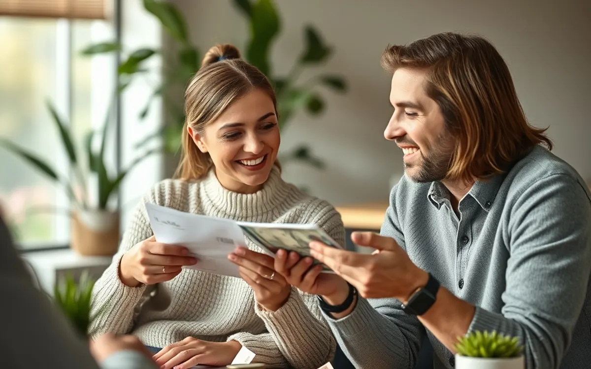 Casal sorridente consultando documentos financeiros em ambiente com plantas.