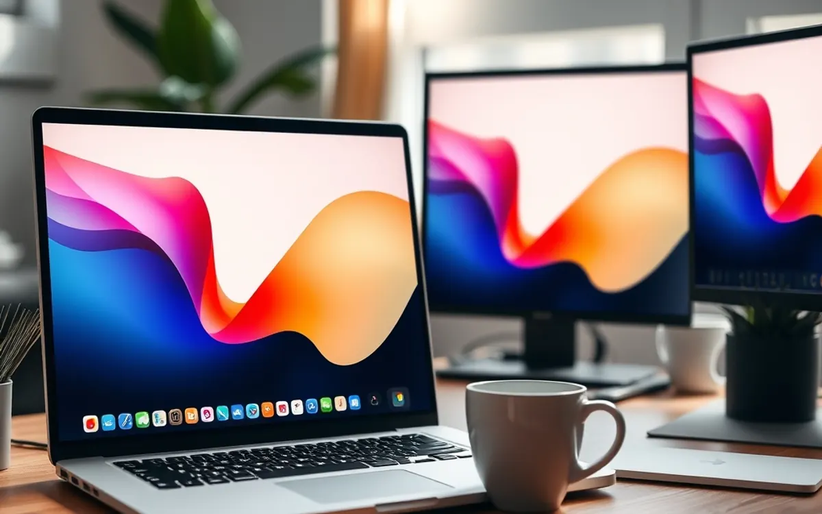 Notebook e monitores com telas coloridas e uma caneca sobre mesa de madeira.