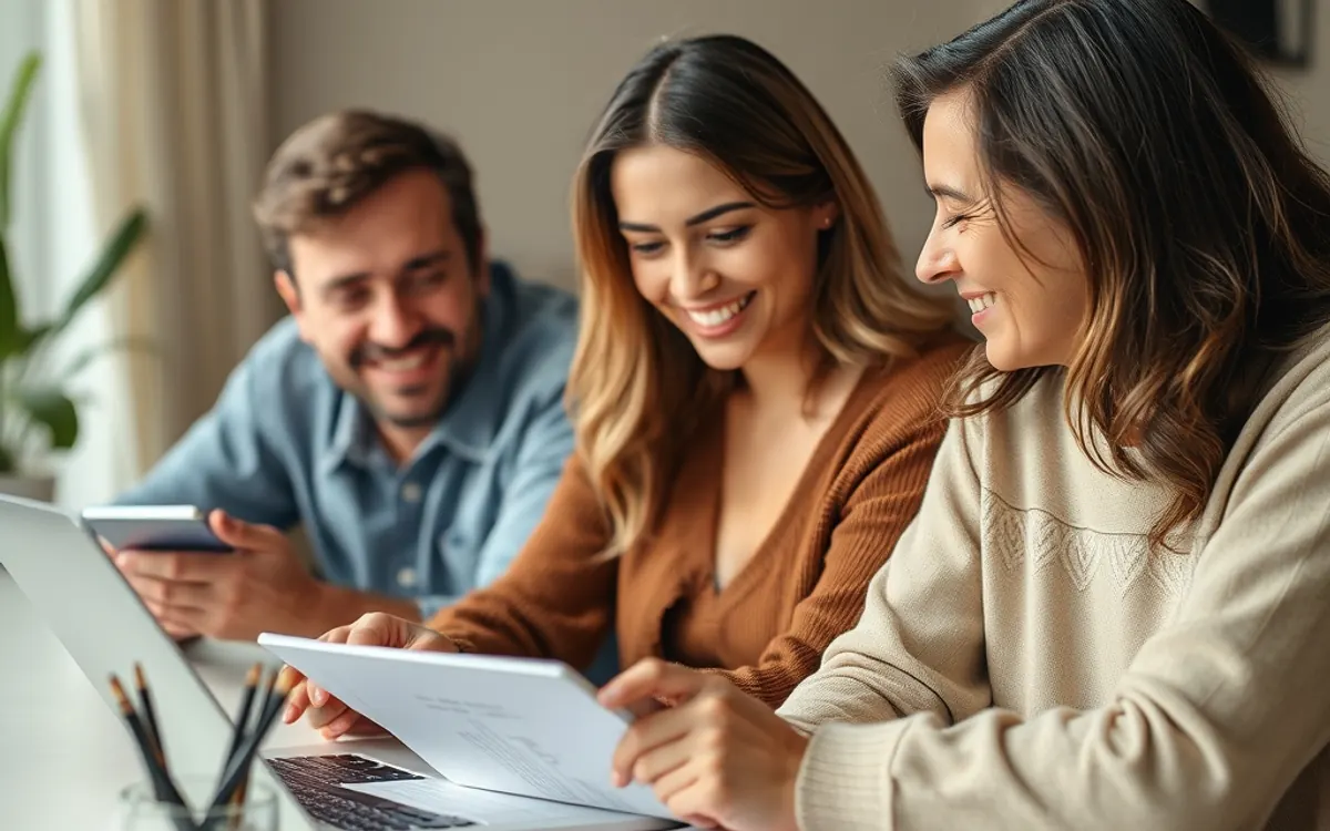 Três pessoas sorrindo analisam documentos financeiros e laptop em mesa clara.