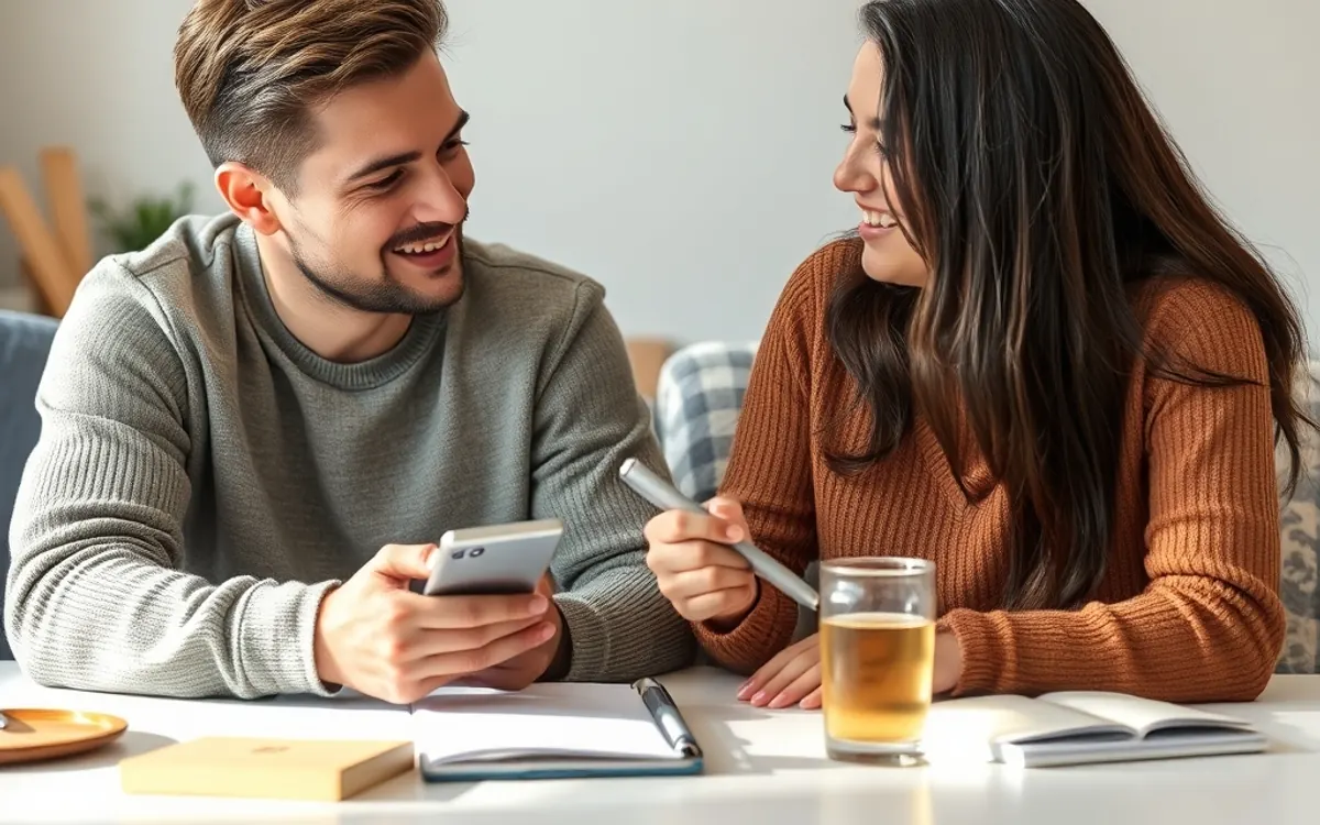 Um homem e uma mulher sentados em uma mesa, com um telefone e um copo de cerveja.